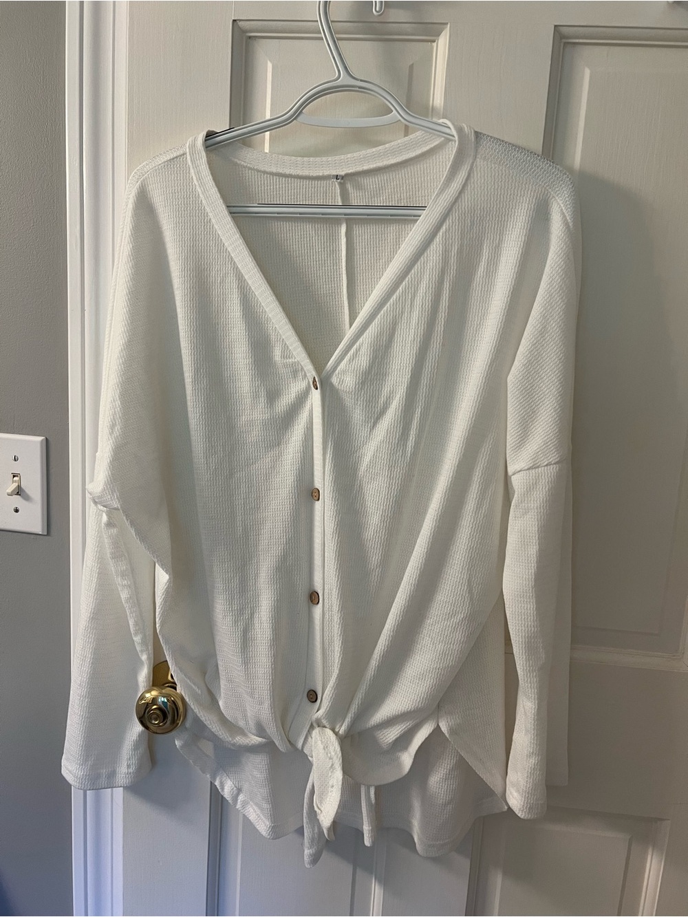 Women's white waffle knit tie-front button cardigan top